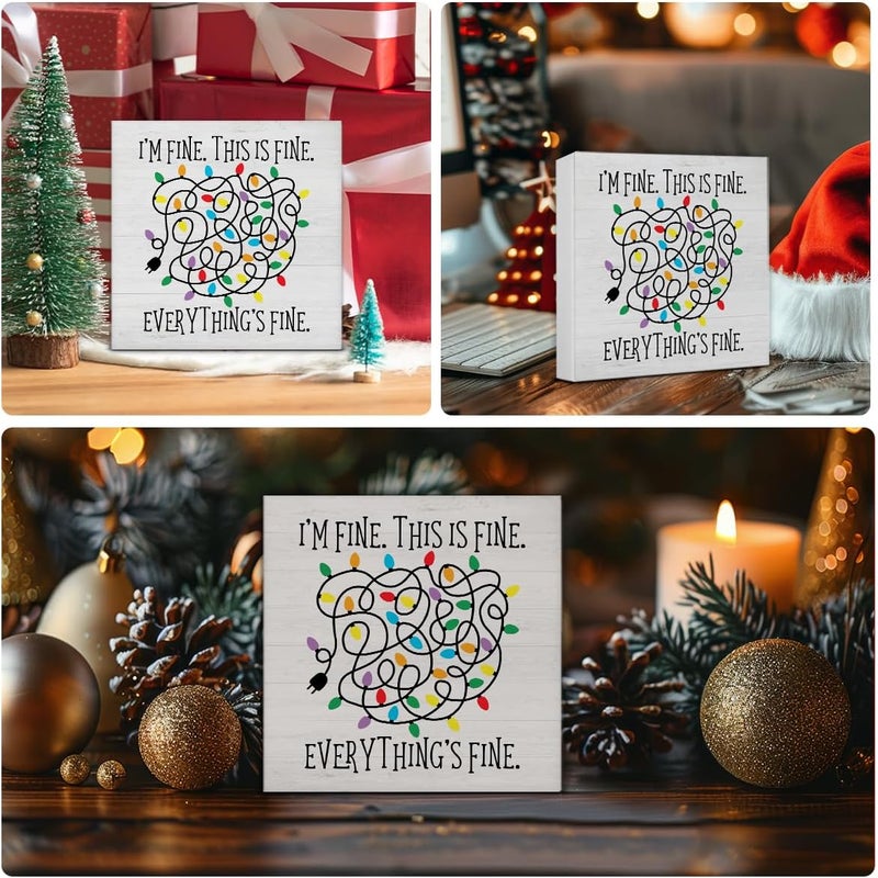 Zauly Funny Christmas Decorations, Christmas Lights Decor Sign, I'm Fine Everything Is Fine Wood Sign Rustic Home Table Desk Decor (5 x 5 Inches) - Image 3